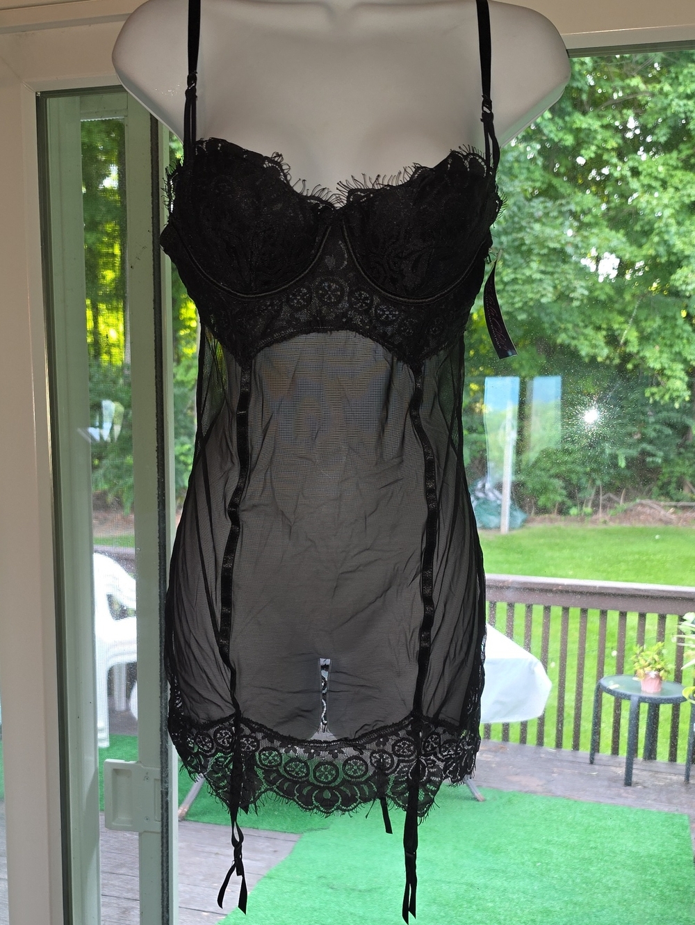 Sheer Black Lace Bustier Chemise with Adjustable Straps